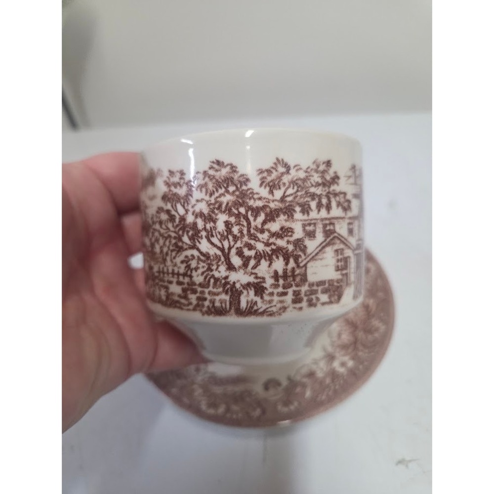 Churchill England Brown Transferware Tea Cup and Saucer Set Village Scene - Picture 3 of 8